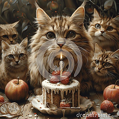 Birthday purrs abound as kitty revels with friends and cake. Stock Photo