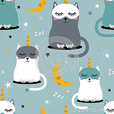 Happy cats - unicorns, stars and moon, colorful seamless pattern Vector Illustration