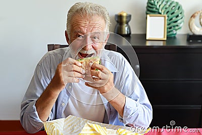 Happy caucasian elderly eating hamburger in living room with smiling face Stock Photo