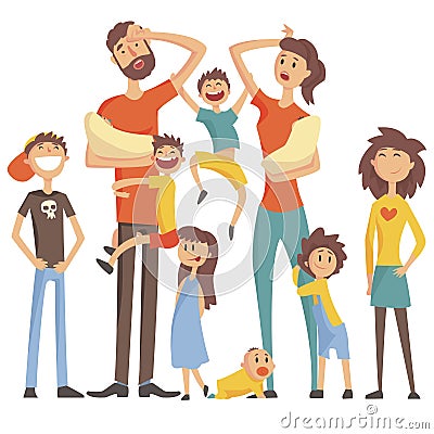 Happy Caucasian Family With Many Children Portrait With All The Kids And Babies And Tired Parents Colorful Illustration Vector Illustration