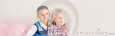 Happy Caucasian funny children together. Best friends forever. Valentine Day holiday concept. Web banner header for website. Boy Stock Photo