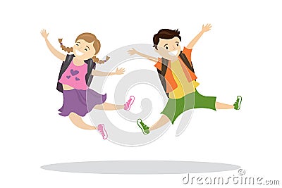 Happy caucasian kids with backpacks in a jump Vector Illustration