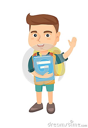 Schoolboy holding a book and waving his hand. Vector Illustration