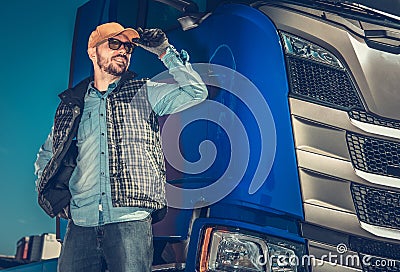 Happy Caucasian Trucker Stock Photo