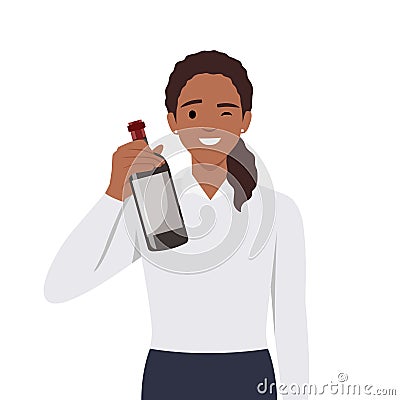 Happy celebrating woman with holding a bottle of wine. Young female character at party or festive event Cartoon Illustration