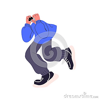 Happy character dances with music. Young people listening song in headphones. Guy hearing audio record in earphones Vector Illustration