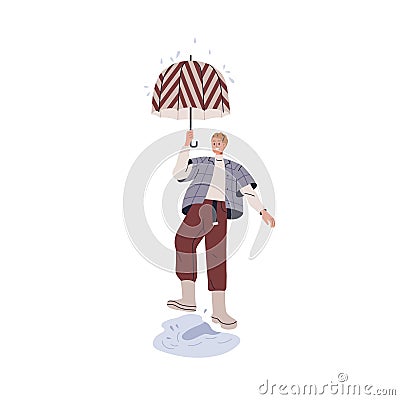 Happy character walking in rain. Smiling excited person strolling under umbrella in rainy weather, stepping into puddle Vector Illustration