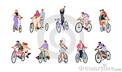 Happy characters on bicycles set. Young active people bikers enjoying bike ride. Excited joyful funny cyclists in motion Vector Illustration