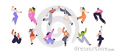 Happy characters jumping from joy, fun. Young excited people celebrating success, achievement. Free active men, women Vector Illustration