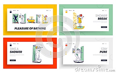 Happy Characters Take Shower in Bathroom and Sing Landing Page Template Set. Woman Sitting in Tub, Drying Hair Vector Illustration