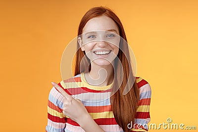 Happy charismatic smiling young ginger girl blue eyes sincere tender grin laughing broadly having fun discuss hilarious Stock Photo