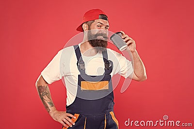happy and cheerful barista. take away coffee. man drink coffee to go. best aromatic coffee here. brutal man hipster Stock Photo