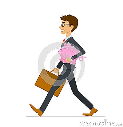 Happy cheerful businessman carries piggy bank vector illustration Vector Illustration