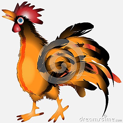 Happy cheerful cartoon rooster with fiery feathers crowing, singing the song Vector Illustration