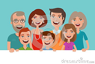 Happy cheerful family, banner. People, children and parents concept. Cartoon vector illustration Vector Illustration