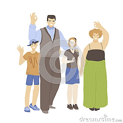 Happy cheerful family of man, woman and two kids, boy and girl, waving and holding hands, showing OK Sign, hugging each Vector Illustration