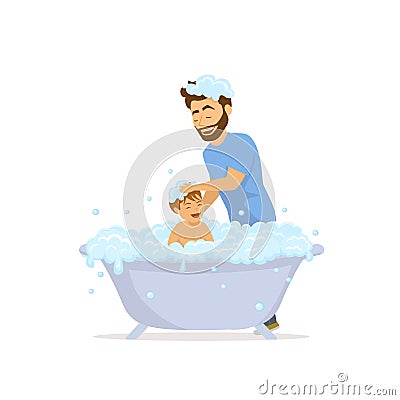 Happy cheerful father washing bathing child in a bathtub Vector Illustration