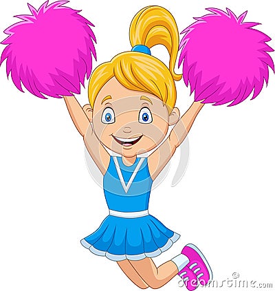 Happy cheerleader in blue uniform with pom poms Vector Illustration