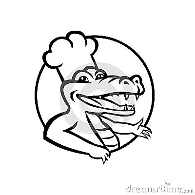 Happy Chef Alligator Gator or Crocodile Wearing Chef Hat Circle Mascot Retro Black and White Vector Illustration