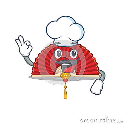 Happy Chef chinese folding fan cartoon character with white hat Vector Illustration
