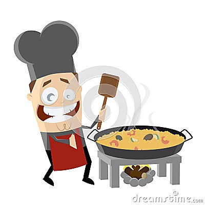 Happy chef cooking Spanish paella Vector Illustration
