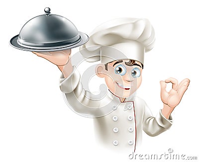 Happy chef holding platter Vector Illustration
