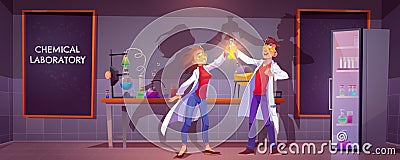 Happy chemists in chemical laboratory experiment Vector Illustration
