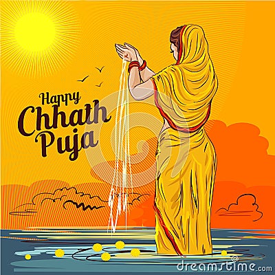 Happy chhath puja illustration indian lady worship sun at river ghaat Vector Illustration