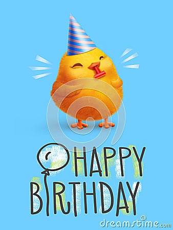 Happy chick celebrates birthday. Cartoon Illustration