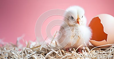 Happy chick celebrates Easter. Fluffy chicks next to eggshell on straw. Stock Photo