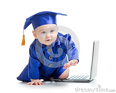 Happy child in academician clothes with laptop Stock Photo