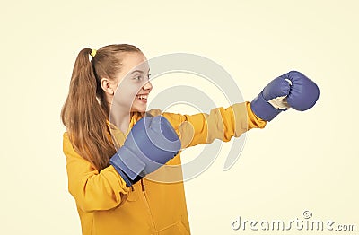 happy child boxer in boxing gloves ready to fight and punch isolated on white, fighter Stock Photo