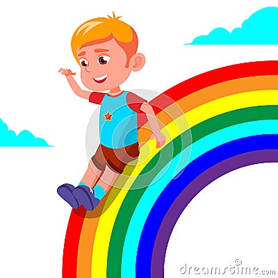 Happy Child Boy Rolling Down The Rainbow Vector. Illustration Vector Illustration