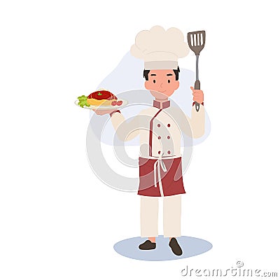 Happy Child Chef Serving Pasta. Young Cook in Chef Hat Prepares Delicious Spaghetti Vector Illustration