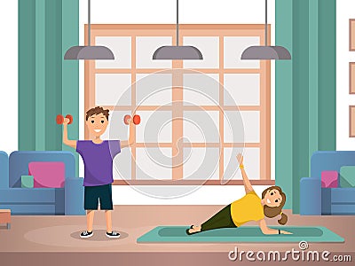 Happy Child Doing Morning Fitness Exercises Home Vector Illustration