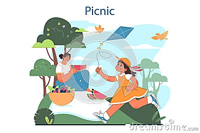 Happy child exploring nature on summer holidays. Kid with mom Vector Illustration