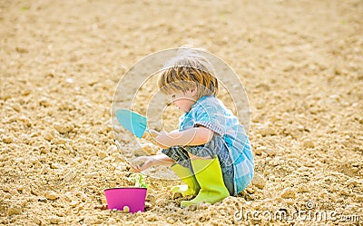 Happy child gardener. botanic worker. Spring season. health and ecology. earth day. new life. summer farm. ecology life Stock Photo