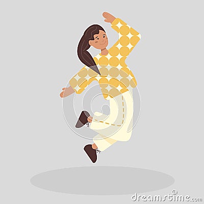 A happy child girl jumps. An energetic teenager on the move. An active classmate or student is having fun. Vector Illustration