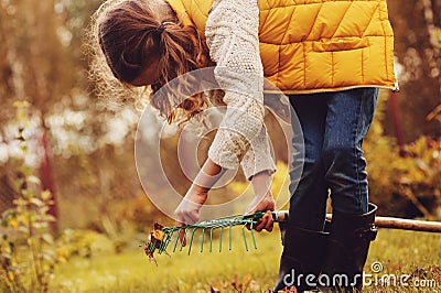Happy child girl playing little gardener in autumn and picking leaves into basket Stock Photo