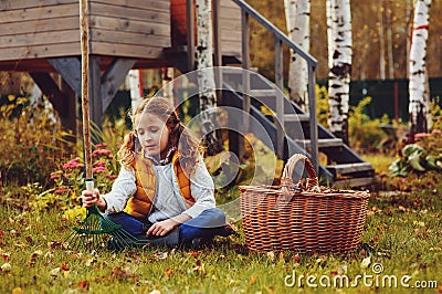 Happy child girl playing little gardener in autumn and picking leaves into basket Stock Photo