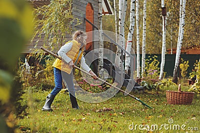 Happy child girl playing little gardener in autumn and picking leaves into basket. Seasonal garden work Stock Photo