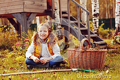 Happy child girl playing little gardener in autumn and picking leaves into basket. Seasonal garden work. Stock Photo