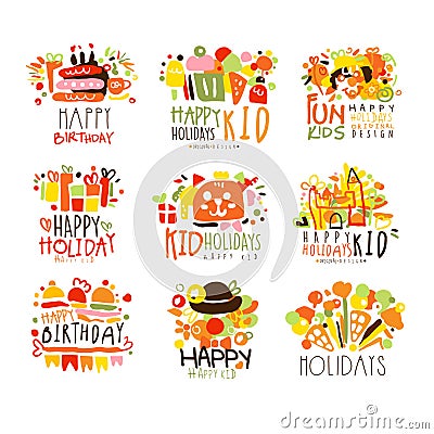 Happy Child Holiday Colorful Graphic Design Template Logo Series,Hand Drawn Vector Stencils Vector Illustration