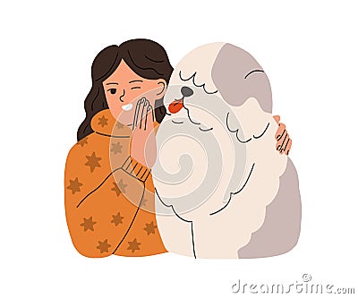 Happy child hugging big bob-tailed dog. Pet owner kid and doggy friend. Love and friendship of girl and cute shaggy Vector Illustration