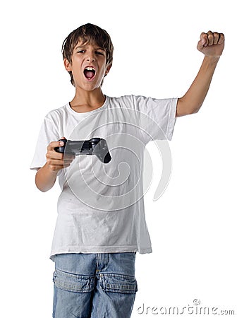 Happy child with joystick playing videogames Stock Photo