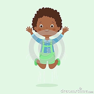 Happy child jumping happily. Black skin kid. Cheerful little boy. Vector Illustration