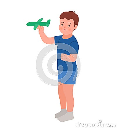 Happy child launches paper plane isolated on white background.Toys for little kids Cartoon Illustration