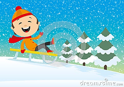 Happy child sledding. Vector Illustration