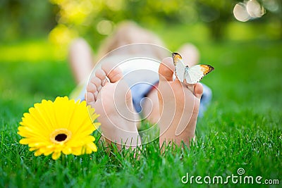 Happy child in spring park Stock Photo