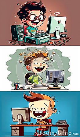 Happy Child using computer in 3 Cartoon Banner set for Kid coding concept, Generative AI Stock Photo